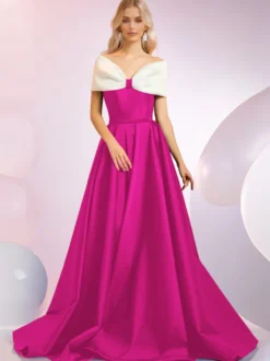 Robe de soirée A-Line Décolleté Balayage Manches courtes Fermeture éclair Nœuds Tissu satiné Robes de dîner formelles