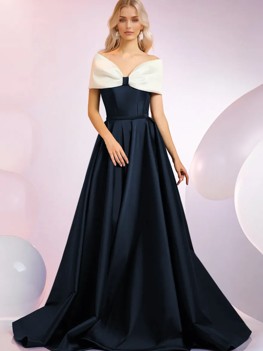 Robe de soirée A-Line Décolleté Balayage Manches courtes Fermeture éclair Nœuds Tissu satiné Robes de dîner formelles