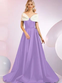 Robe de soirée A-Line Décolleté Balayage Manches courtes Fermeture éclair Nœuds Tissu satiné Robes de dîner formelles