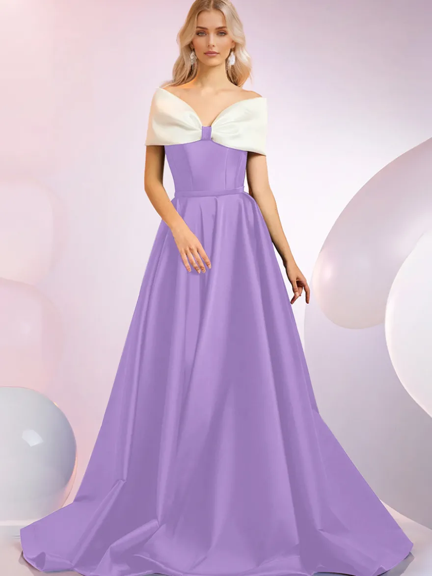 Robe de soirée A-Line Décolleté Balayage Manches courtes Fermeture éclair Nœuds Tissu satiné Robes de dîner formelles