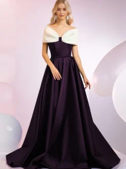 Robe de soirée A-Line Décolleté Balayage Manches courtes Fermeture éclair Nœuds Tissu satiné Robes de dîner formelles