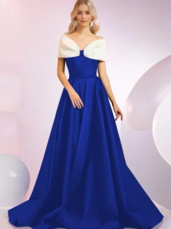 Robe de soirée A-Line Décolleté Balayage Manches courtes Fermeture éclair Nœuds Tissu satiné Robes de dîner formelles