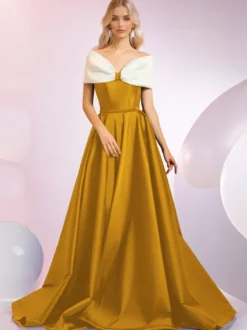Robe de soirée A-Line Décolleté Balayage Manches courtes Fermeture éclair Nœuds Tissu satiné Robes de dîner formelles