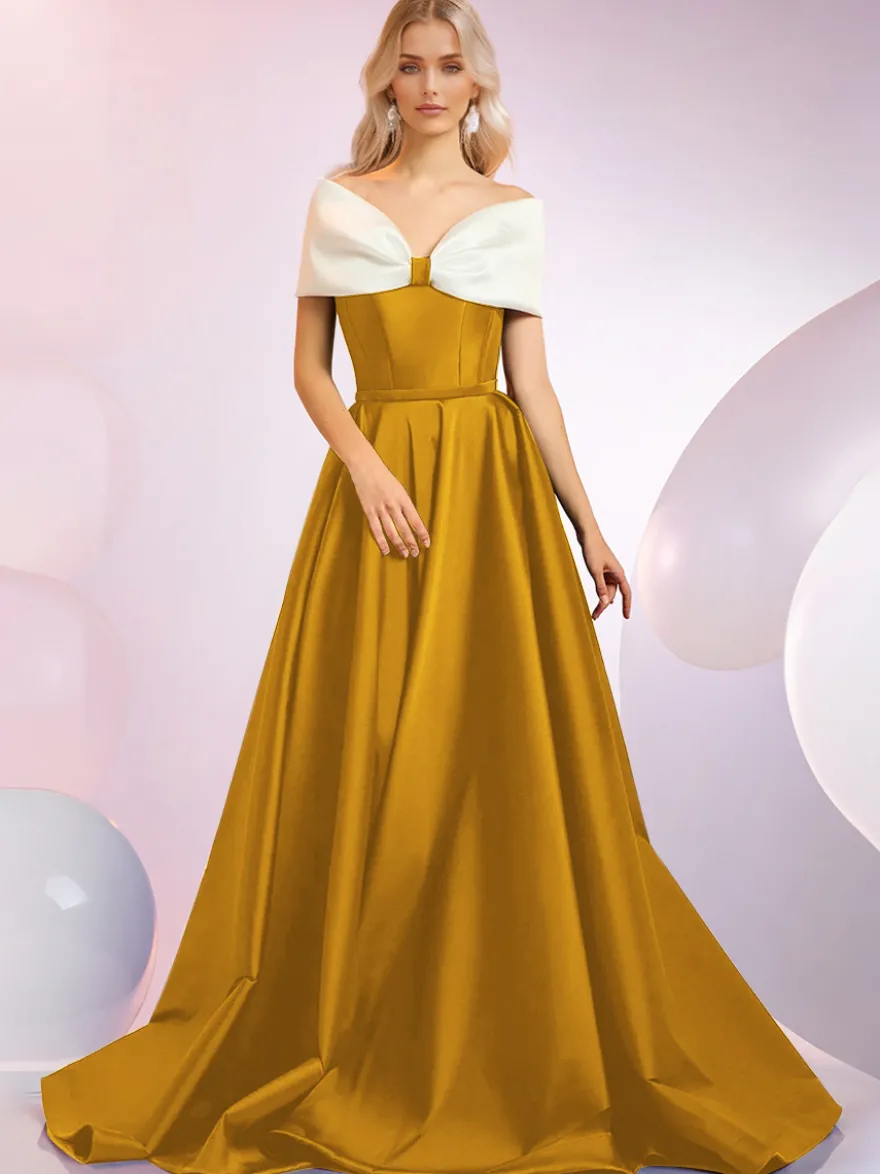 Robe de soirée A-Line Décolleté Balayage Manches courtes Fermeture éclair Nœuds Tissu satiné Robes de dîner formelles