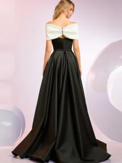 Robe de soirée A-Line Décolleté Balayage Manches courtes Fermeture éclair Nœuds Tissu satiné Robes de dîner formelles