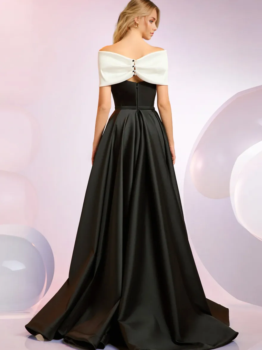 Robe de soirée A-Line Décolleté Balayage Manches courtes Fermeture éclair Nœuds Tissu satiné Robes de dîner formelles