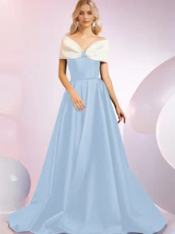 Robe de soirée A-Line Décolleté Balayage Manches courtes Fermeture éclair Nœuds Tissu satiné Robes de dîner formelles