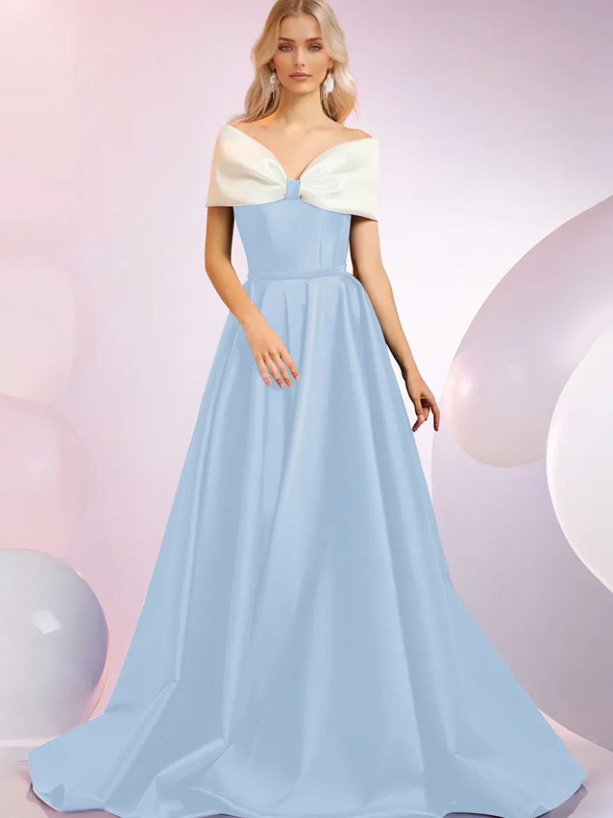 Robe de soirée A-Line Décolleté Balayage Manches courtes Fermeture éclair Nœuds Tissu satiné Robes de dîner formelles
