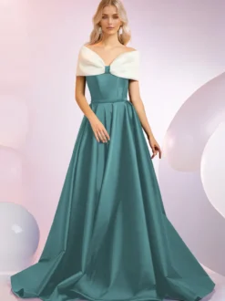 Robe de soirée A-Line Décolleté Balayage Manches courtes Fermeture éclair Nœuds Tissu satiné Robes de dîner formelles