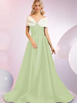 Robe de soirée A-Line Décolleté Balayage Manches courtes Fermeture éclair Nœuds Tissu satiné Robes de dîner formelles