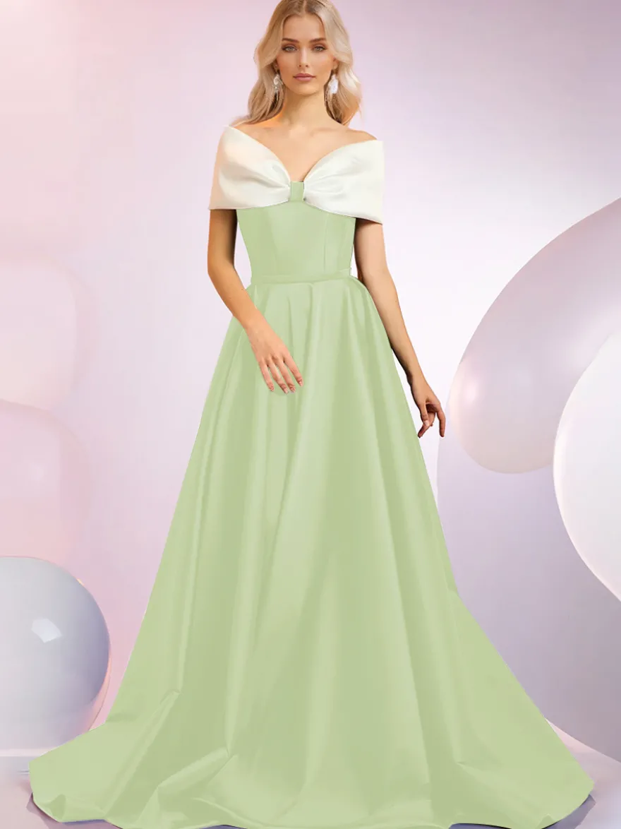 Robe de soirée A-Line Décolleté Balayage Manches courtes Fermeture éclair Nœuds Tissu satiné Robes de dîner formelles
