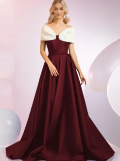 Robe de soirée A-Line Décolleté Balayage Manches courtes Fermeture éclair Nœuds Tissu satiné Robes de dîner formelles