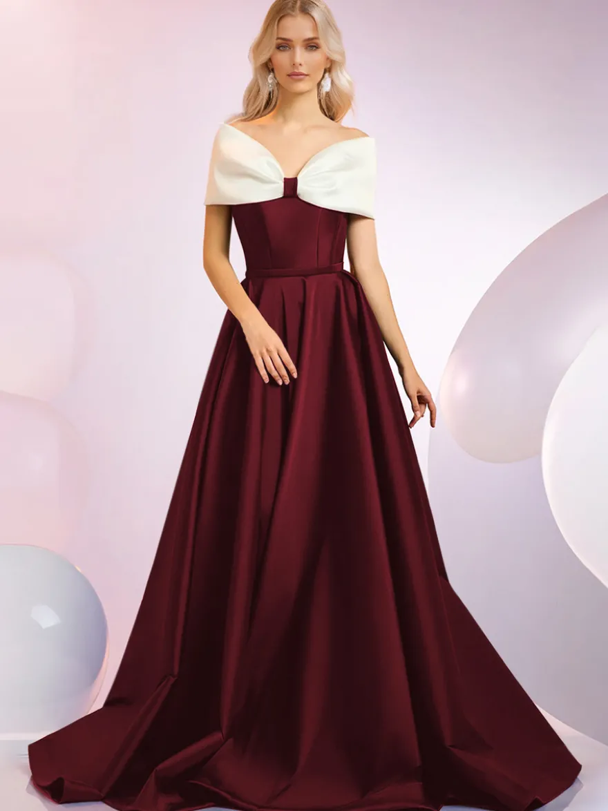 Robe de soirée A-Line Décolleté Balayage Manches courtes Fermeture éclair Nœuds Tissu satiné Robes de dîner formelles