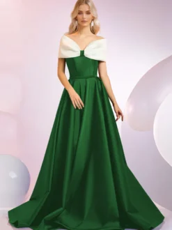 Robe de soirée A-Line Décolleté Balayage Manches courtes Fermeture éclair Nœuds Tissu satiné Robes de dîner formelles