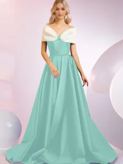 Robe de soirée A-Line Décolleté Balayage Manches courtes Fermeture éclair Nœuds Tissu satiné Robes de dîner formelles