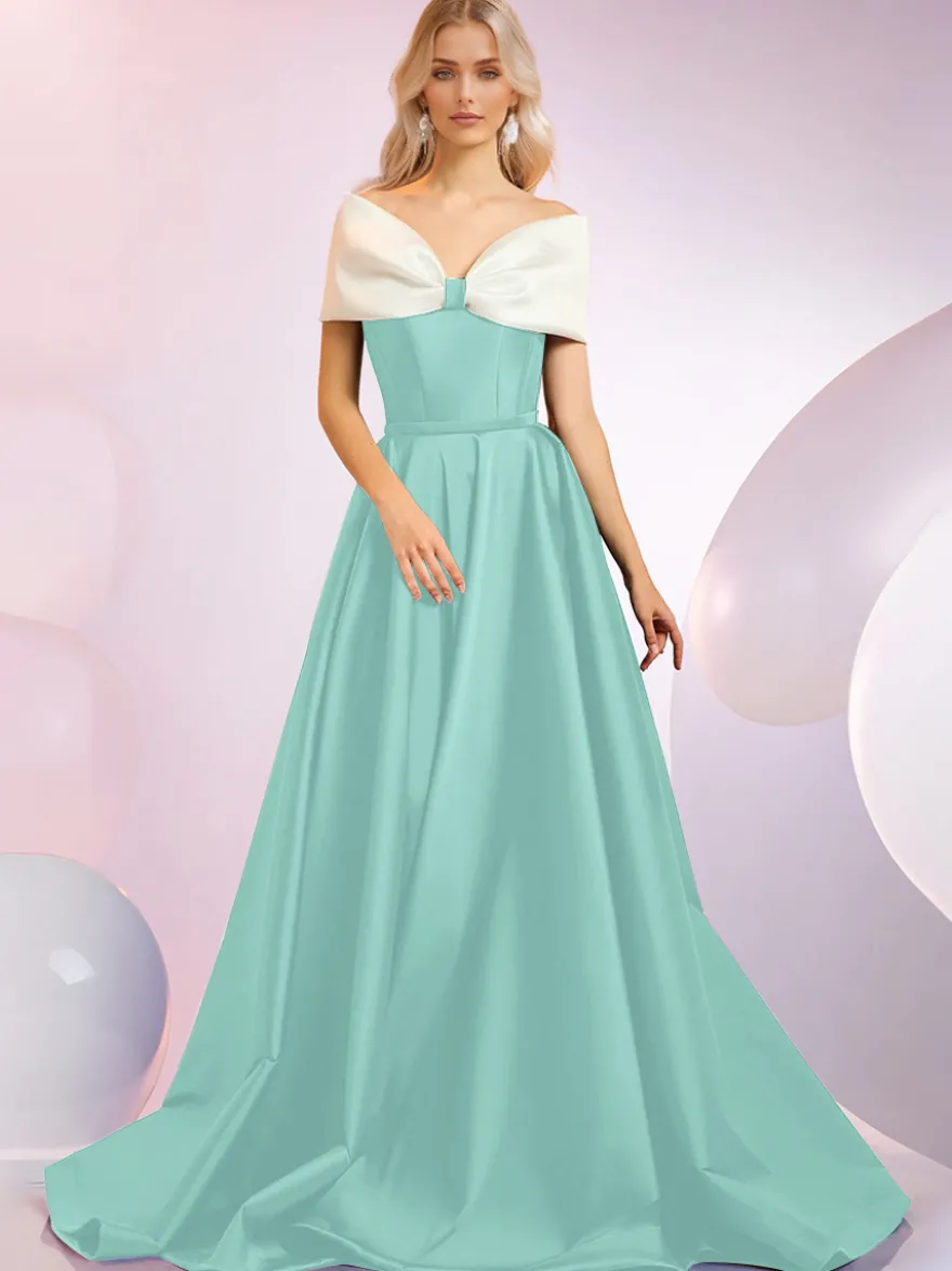 Robe de soirée A-Line Décolleté Balayage Manches courtes Fermeture éclair Nœuds Tissu satiné Robes de dîner formelles