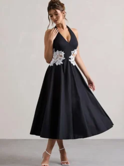 Robe de soirée A-Line Décolleté en polyester Longueur thé Dentelle Robes de soirée formelles
