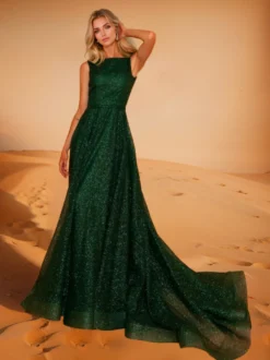 Robe de soirée A-Line Jewel Neck Polyester avec traîne Robes de soirée sociales