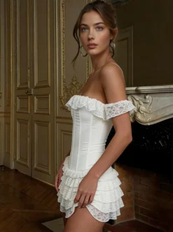 Robe de soirée blanche en polyester sans manches et bustier mini robe d'été
