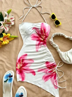 Robe de soirée blanche à imprimé floral sans manches bretelles dos nu robe d'été