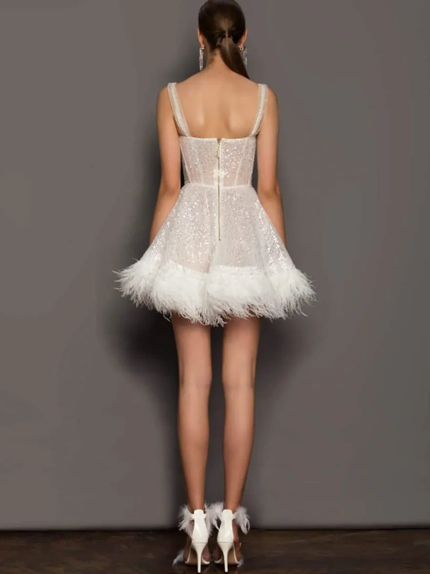 Robe de soirée blanche à sequins épaules dénudées sans manches et dos nu sexy