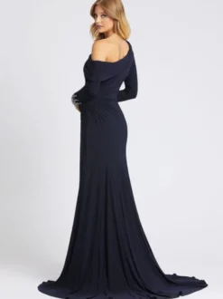 Robe de soirée bleu marine profonde une épaule avec train manches longues Criss-Cross Lycra Spandex gaine robes de soirée sociale