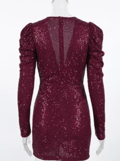 Robe de soirée bordeaux à col en V chaînes et manches longues robe sexy