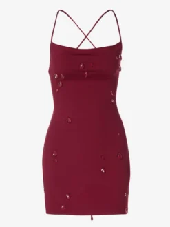 Robe de soirée bordeaux à strass dos croisé et froncée mini-robe moulante de club
