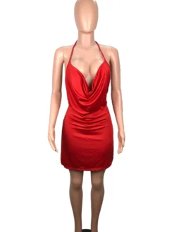 Robe de Soirée Courte Femme avec Bretelles à Col Décolleté en V Coupe Cintrée avec Dos Nu avec Fente Unicolore Robe Eté Sexy