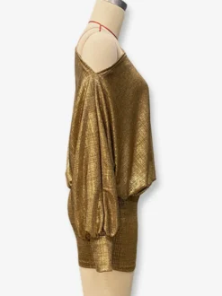 Robe de soirée dorée à encolure crantée manches longues asymétrique et sexy