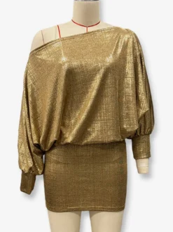 Robe de soirée dorée à encolure crantée manches longues asymétrique et sexy