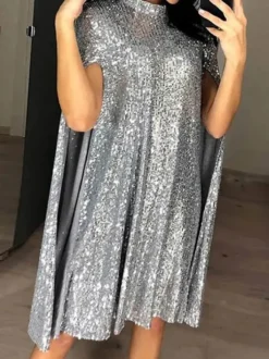 Robe de soirée dorée à sequins et col bijou longueur genou