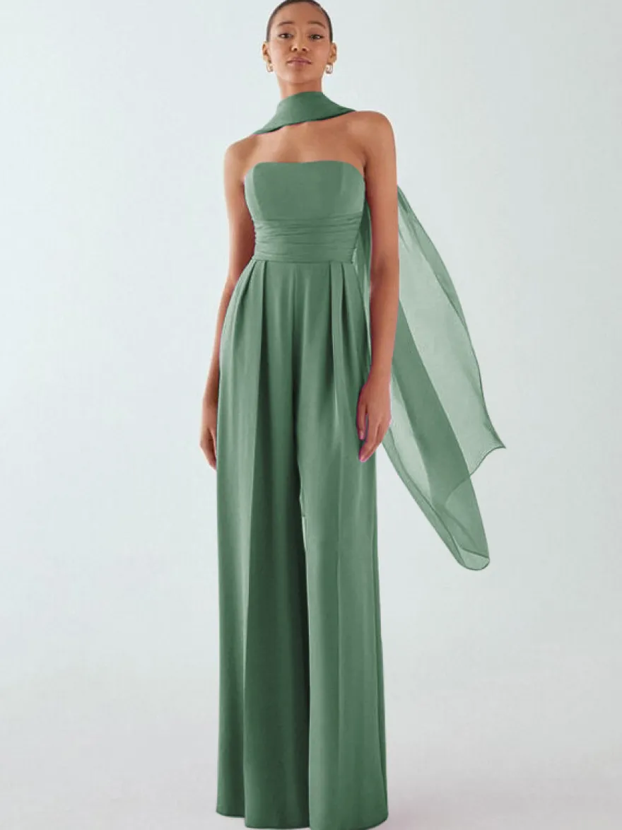 Robe de soirée en mousseline de soie plissée combinaison sans bretelles longueur au sol sans manches fermeture éclair robes de soirée formelles