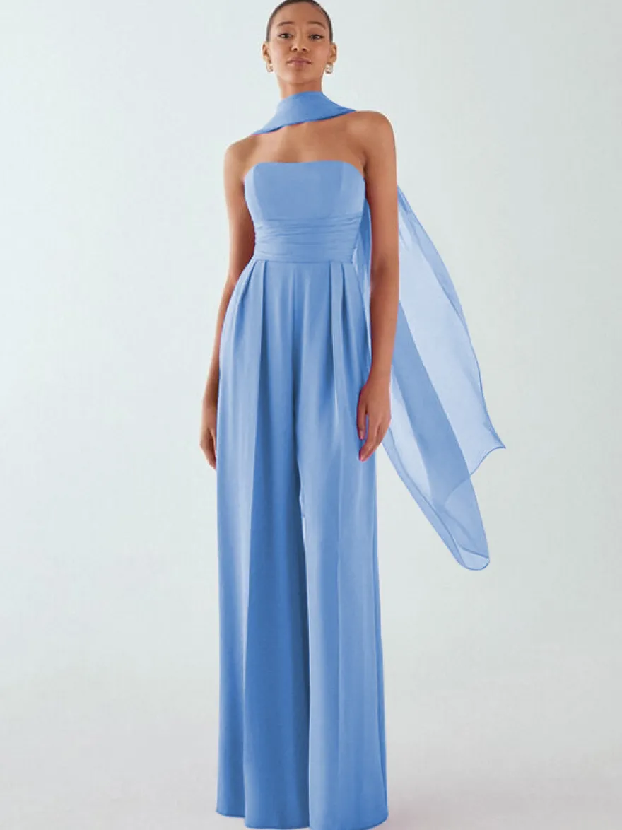 Robe de soirée en mousseline de soie plissée combinaison sans bretelles longueur au sol sans manches fermeture éclair robes de soirée formelles