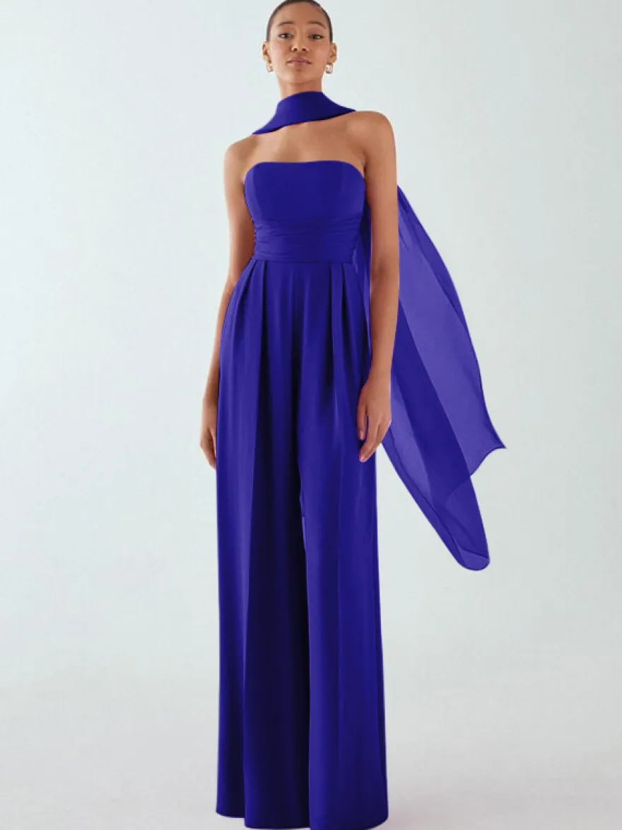 Robe de soirée en mousseline de soie plissée combinaison sans bretelles longueur au sol sans manches fermeture éclair robes de soirée formelles