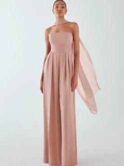 Robe de soirée en mousseline de soie plissée combinaison sans bretelles longueur au sol sans manches fermeture éclair robes de soirée formelles