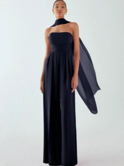 Robe de soirée en mousseline de soie plissée combinaison sans bretelles longueur au sol sans manches fermeture éclair robes de soirée formelles