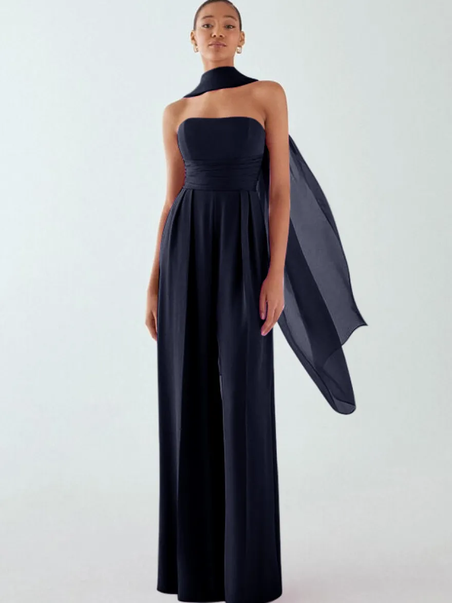 Robe de soirée en mousseline de soie plissée combinaison sans bretelles longueur au sol sans manches fermeture éclair robes de soirée formelles