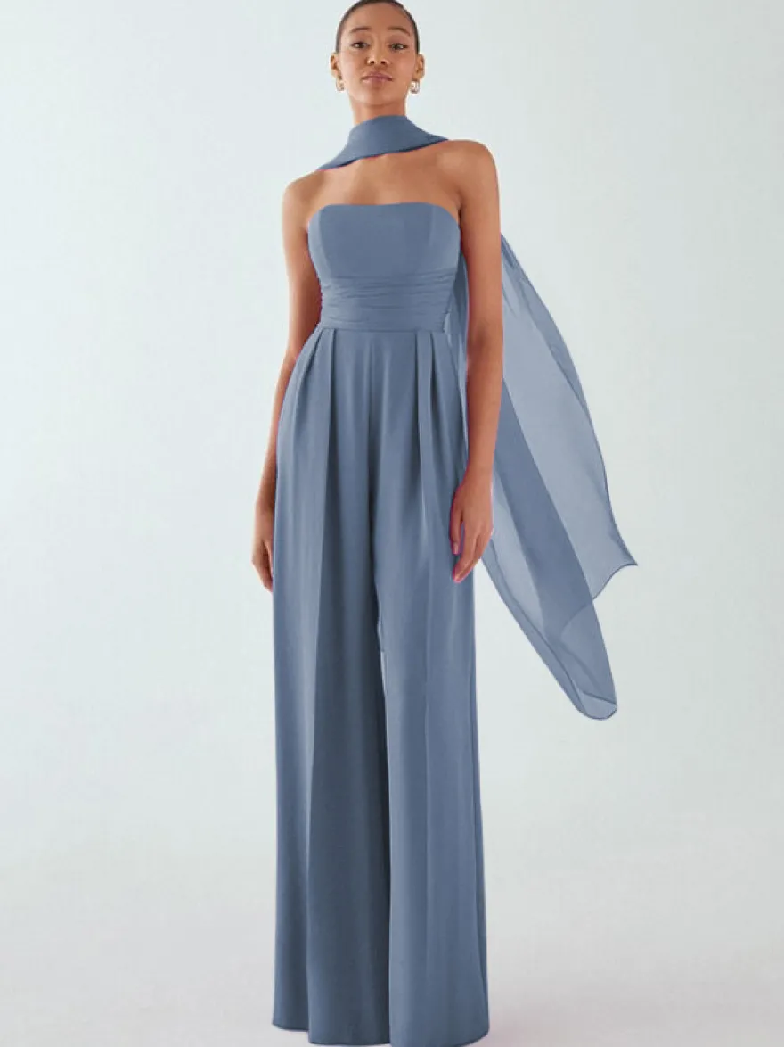 Robe de soirée en mousseline de soie plissée combinaison sans bretelles longueur au sol sans manches fermeture éclair robes de soirée formelles