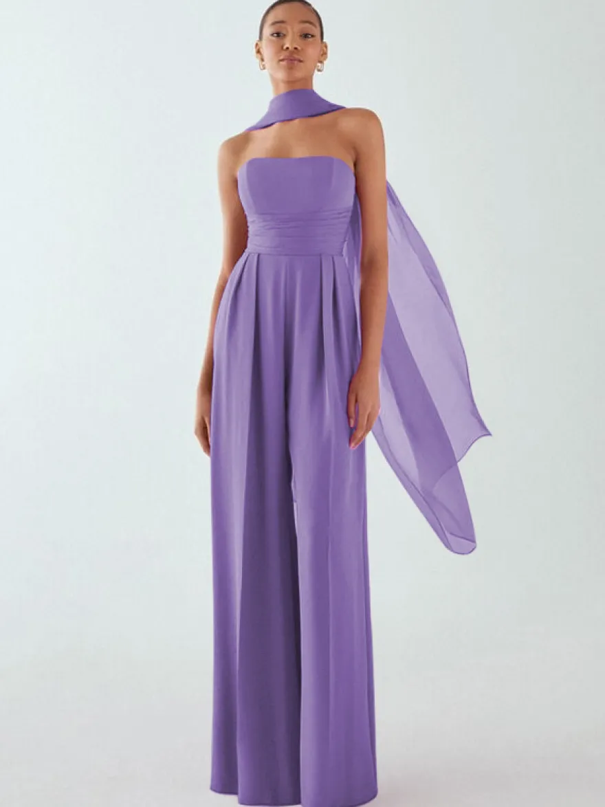 Robe de soirée en mousseline de soie plissée combinaison sans bretelles longueur au sol sans manches fermeture éclair robes de soirée formelles