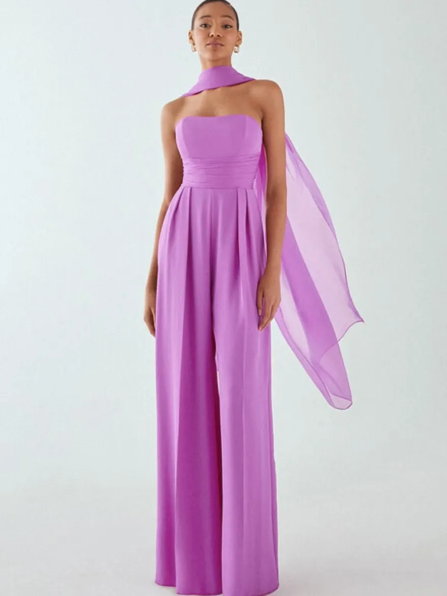 Robe de soirée en mousseline de soie plissée combinaison sans bretelles longueur au sol sans manches fermeture éclair robes de soirée formelles