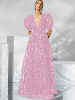 Robe de soirée en organza à col en V et longueur au sol avec appliques