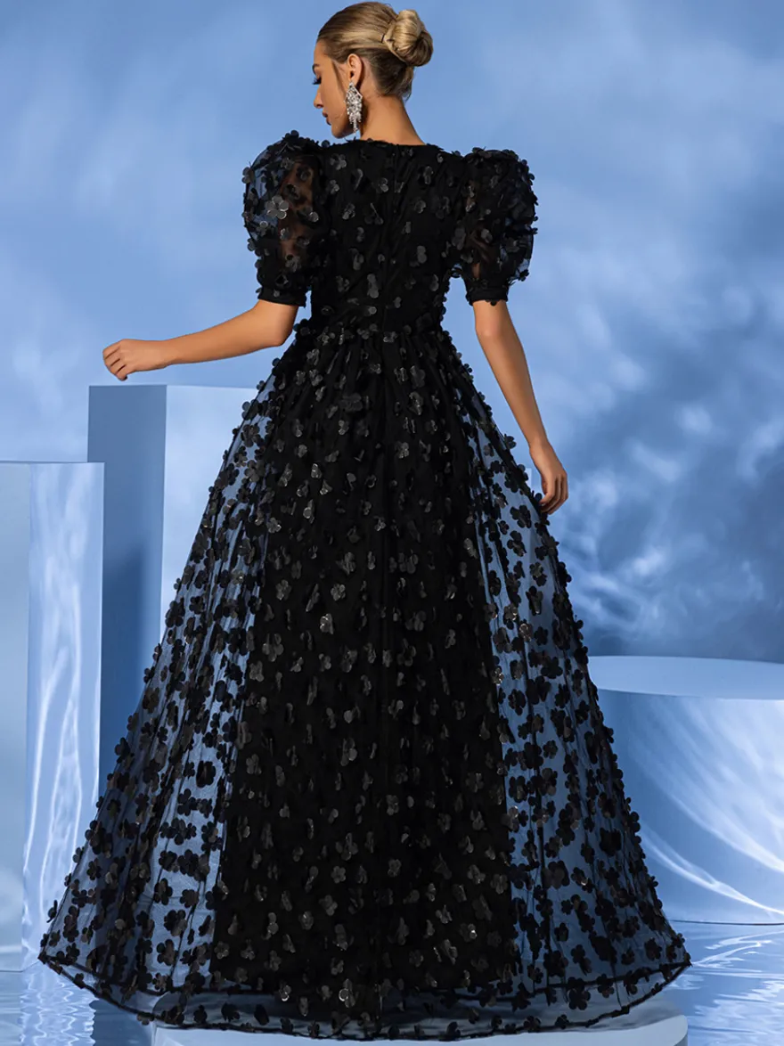 Robe de soirée en organza à col en V et longueur au sol avec appliques