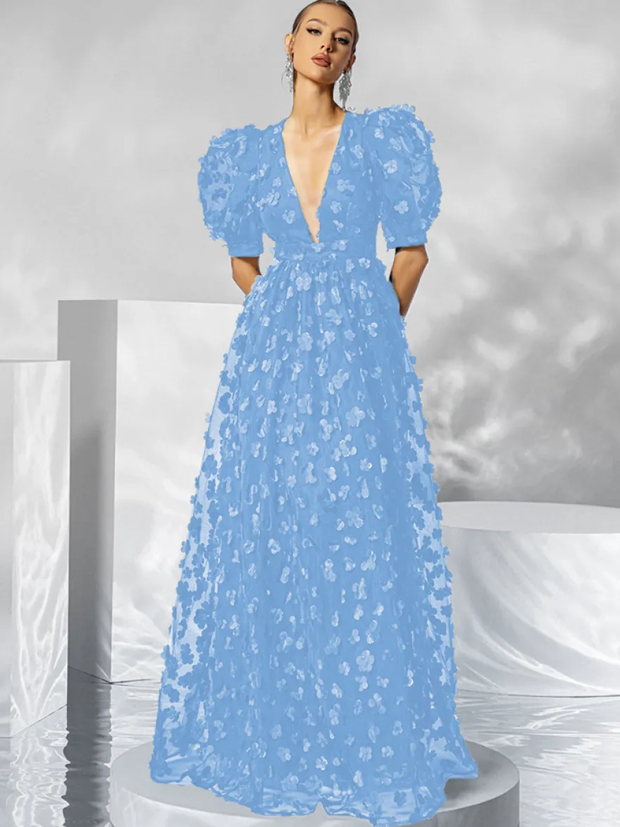 Robe de soirée en organza à col en V et longueur au sol avec appliques