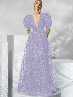 Robe de soirée en organza à col en V et longueur au sol avec appliques