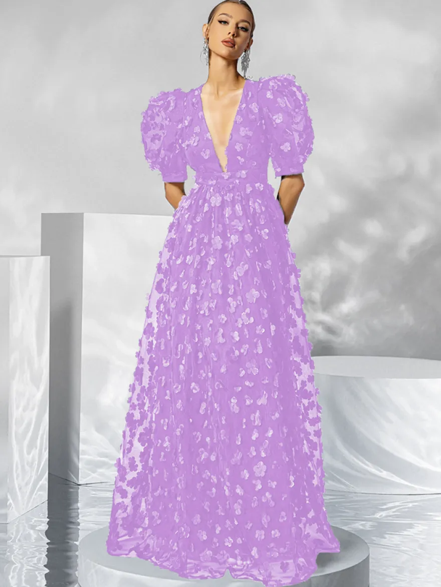 Robe de soirée en organza à col en V et longueur au sol avec appliques