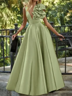 Robe de soirée en satin col en V longueur au sol sans manches fermeture éclair motif floral