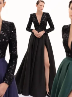 Robe de soirée en satin col en V manches longues fermeture éclair fendue sur le devant robe de soirée formelle