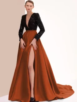Robe de soirée en satin col en V manches longues fermeture éclair fendue sur le devant robe de soirée formelle
