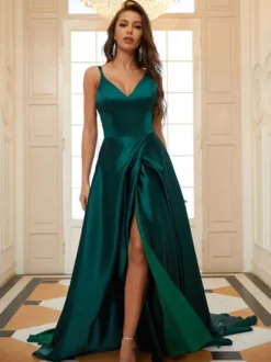 Robe de soirée en satin de soie stretch A-ligne col en V longueur au sol fendu devant